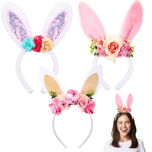 Hoteam 3 Pcs Easter Bunny Ears Headband Rabbit Ear Hair Band for Women Cute Bunny Headwear for Easter Carnival Birthday Party Favor Cosplay Costume Accessories