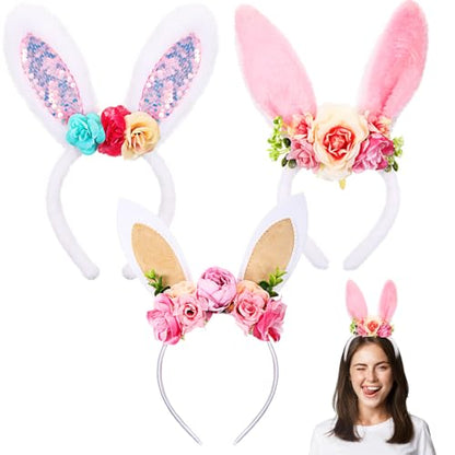 Hoteam 3 Pcs Easter Bunny Ears Headband Rabbit Ear Hair Band for Women Cute Bunny Headwear for Easter Carnival Birthday Party Favor Cosplay Costume Accessories