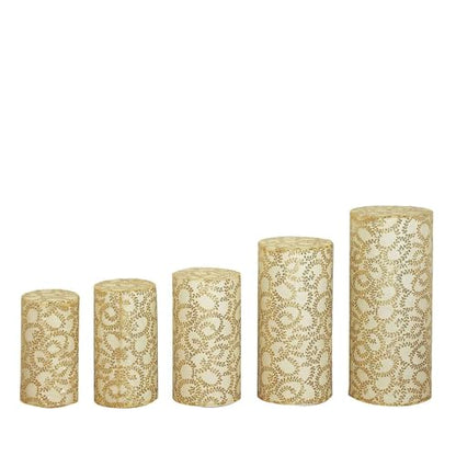 Efavormart Set of 5 Gold Sequin Mesh Cylinder Display Box Stand Covers with Leaf Vine Embroidery, Sparkly Sheer Tulle Pedestal Pillar Prop Covers - color: Gold, size: Sequin Mesh Cylinder Covers - Leaf Pattern