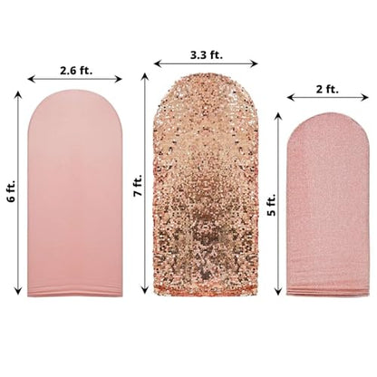 Efavormart Set of 3 Blush Rose Gold Chiara Arch Backdrop Covers (7ft/6ft/5ft), Round Top Snug Fit, Double-Sided Big Sequin, Tinsel & Spandex Mixed Texture for Wedding, Baby Shower, Events - color: Blue/Rose Gold