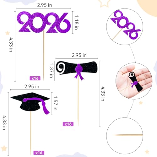 Pre-Assembled Graduation Cupcake Toppers 48 PCS, Class of 2026 Mini Cake Decorations Grad Cap & Diploma, Food & Appetizer Picks for Graduation Party - color: Purple