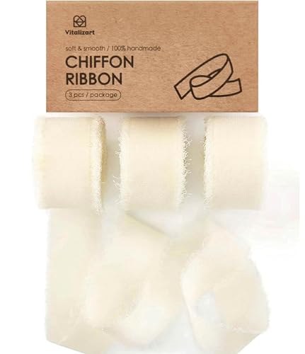Vitalizart Ivory White Chiffon Silk Ribbon 1" x 21 Yd Fringe Fabric Package (3 Rolls * 7 Yd) for Wedding Invitations Bridal Bouquets Decorations Gifts Wrapping & Bow Making Cream - color: Cream White