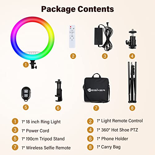 Yesker Ring Light with Tripod Stand and Phone Holder 18 Inch RGB Ringlight 25 RGB Modes Bi-Color Adjustable 2700–7000K LED Selfie Halo Light Kit for Live Stream Photography Zoom Makeup Youtobe Tiktok - size: 18" RGB Ring Light