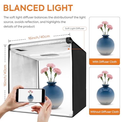 Bi-Color LED Photo Light Box 16x16 inch, 168 Dimmable LEDs Product Photography Lighting Tent with High CRI>98, 6 Colors Backdrops for Jewelry/Artwork/Small Objects Tabletop Studio