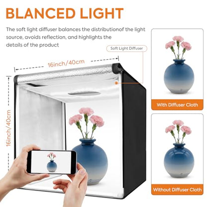 Bi-Color LED Photo Light Box 16x16 inch, 168 Dimmable LEDs Product Photography Lighting Tent with High CRI>98, 6 Colors Backdrops for Jewelry/Artwork/Small Objects Tabletop Studio
