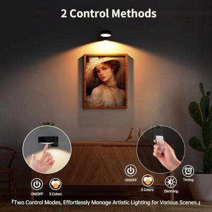 Narotood 6 Pack Picture Lights for Wall, Rechargeable Battery Operated Wall Lights, Picture Frame Lights with 3 Lighting Modes, Wireless Magnetic Painting Light with Remote Control Timer, (Black) - color: Black, size: 6 Pack