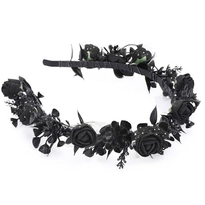 Black Floral Headpiece - Women's Elegant Lace Foam Rose Headband With Flowers for Hair Accessories, Wedding, Party, Birthday Gift, Photo Props - color: Black