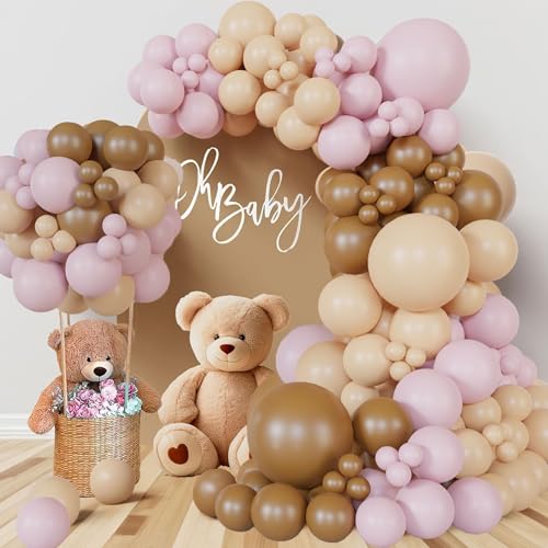 Bear theme Balloon Arch Kit Light Pink beige Tan and Brown Globos cream Ballon garland for Baby Shower Girl Decorations Gender Reveal Party Woodland Backdrop Supplies - color: Pink