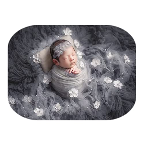 Coberllus Newborn Photography Props Boys Girls Wrap Blanket Baby Photo Shoot Floral Pearl Decorative Mesh Rug Layer Basket Filler (Light Gray) - color: Light Gray