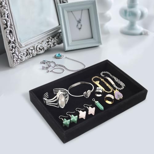 2 Pcs 9" x 5.7" Velvet Jewelry Tray Jewelry Display Tray, Stackable Empty Plate Trays for Earrings Necklaces Bracelet Rings Display Showcase - Black - color: Black, size: Flat Tray 9"x5.7"