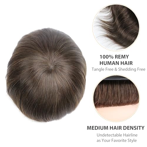 Mens Toupee Hair System 7x9 Inch Toupee for Men 100% Human Hair Durable Mono Lace with NPU Base Color 2# 6 Inch Length Peluquin Para Hombre Replacement Unit Undetectable Mens Hairpiece - color: 2# dark brown - Mono NPU, size: 7x9 Inch
