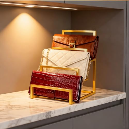 2 Pack Gold 3-Layer Purse Display Stand, Metal Wallet Display Rack for Clutch Handbag Organizer, Tiered Purse Holder Riser Stand for Countertop Home Retail Boutique Store Supplies - size: 3 - Layer
