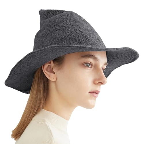 Halloween Witch Hat for Women Wide Brim Foldable Wizard Hat Wool Knit Pointed Cap Cosplay Costume Accessory - color: Dark Grey