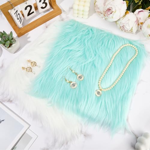 CREATCABIN 2 Packs Small Square Blue White Faux Fur Sheepskin Cushion Fluffy Plush Area Rug Small Product Photo Background 12’’ Luxury Photo Props for Tabletop Photography Jewelry Nail Art Home Decor - style: Blue & White