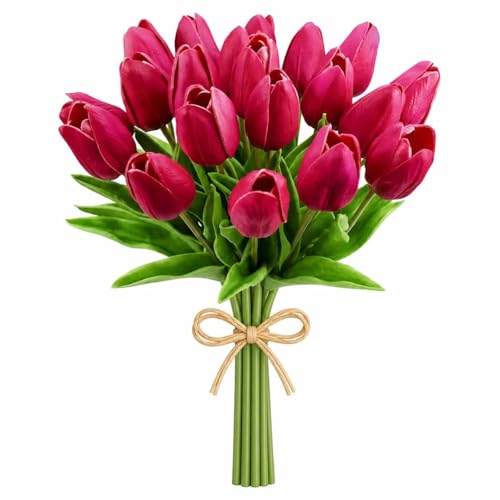 Mandy's Hot Pink Artificial Tulips Flowers Centerpiece, 13.5" Lifelike PU Fake Floral Stems 20pcs for Kitchen Island & Dining Table, Spring Decor for Easter - color: Hot Pink