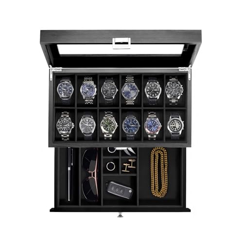 ProCase Wooden Watch Case, 12 Slot Mens Watch Box with Drawer, 2-Layer Mens Jewelry Box Storage Holder Organizer Display Case, Anniversary Birthday Gifts for Men Women -12 Slot, Black - color: Black, size: 12-Slot