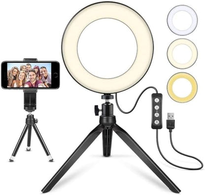 LED Ring Light 6" with Tripod Stand for Desk YouTube Video and Makeup, Mini Camera Light with Cell Phone Holder Desktop LED Lamp with 3 Light Modes & 11 Brightness Level (6 inch) - size: 6 inch with Tripod Stand