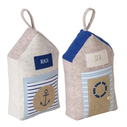 Coastal Cabana Soft Door Stops, Jute, Cotton, Loop Tops, Weighted, 11.75 Inches, House Shaped with Anchor and Lifesaver Fabric Embellishments - color: Coastal Cabana Soft Door Stops, Blue and Beige
