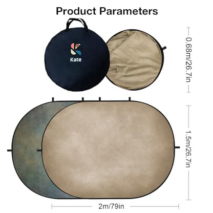 Kate 5x6.5ft(1.5x2m) Collapsible Backdrops Tan Grey Green Double Sided Reversible Pop Up Background for Portrait Photography, Video Meetings