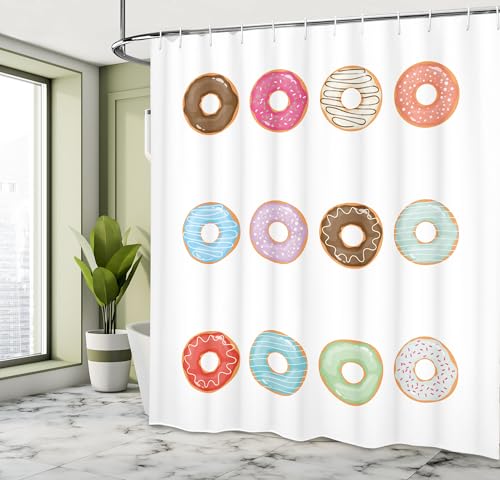 Ambesonne Donut Shower Curtain, Chocolate Swirling and Striped Cream Topping Doughnuts Drawing, Cloth Fabric Bathroom Decor Set with Hooks, 69" W x 70" L, Umber Hot Pink and Pale Blue - color: Umber Hot Pink and Pale Blue, size: 69" W x 70" L