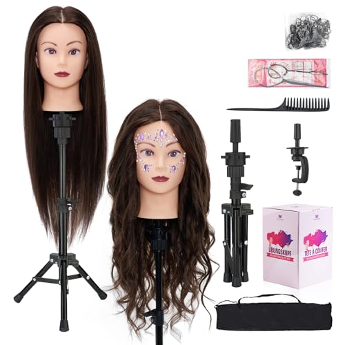 28" Mannequin Head with 80% Real Hair,Cosmetology Manikin Practice Doll Head,Braiding Head with Tripod Stand with Table Clamp + DIY Hair Styling Set #4 - color: Drak Brown#4