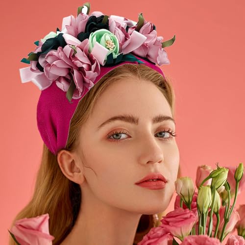 Boho Wide Headbands for Women Handmade Dazzling Floral Flowers Hairbands Red Crystal Embellished Hair Band Retro Hairbands Festivals Photo Props (Red) - color: Red