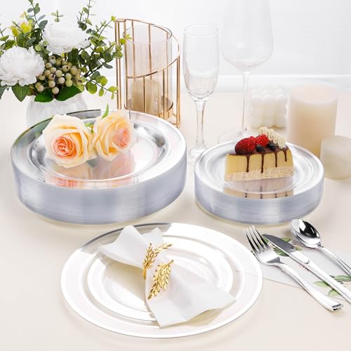 BESTSTAR 7 Inch Clear with Silver Rim Plastic Plates,100PCS Disposable Dessert/Appetizer/Small Cake Plates,Heavy Duty Plate Ideal for Wedding and Birthday Party - color: Clear Silver, size: 7 inch