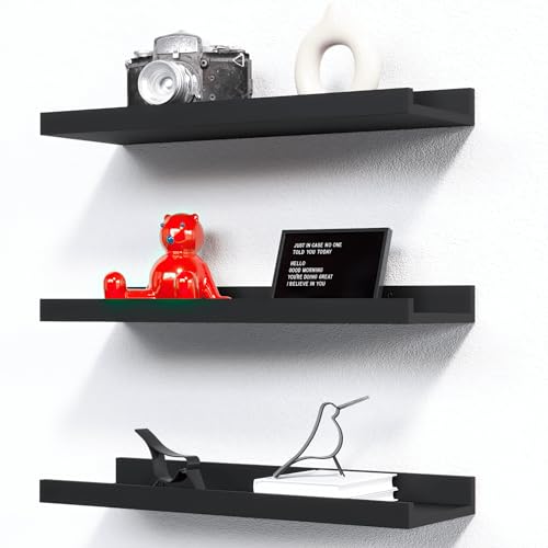 RICHER HOUSE 3 Set Floating Shelves for Wall, 16 inches Black Wall Mounted Shelves with Lip for Storage, Display Picture Ledge Shelf for Bedroom Bathroom Kitchen Living Room Decor, Modern Black - color: Black, size: 3pcs*15.75in