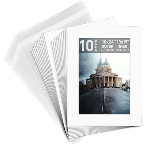 Golden State Art, Pack of 10, Pre-Cut 18x24 White Picture Mat Kit for 13x19 Photo, 10 White Core Bevel Cut Mattes, 10 Backing Boards and 10 Clear Bags - color: White, size: 18x24 for 13x19 (10 Pack)