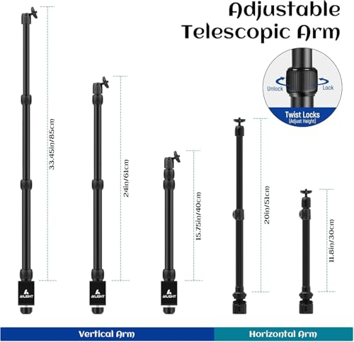 Ailight Overhead Camera Mount Desk Stand, 15.75"-33.45" Webcam Mount with 2-Section Adjustable Telescopic Boom Arm, C Clamp/Swiveling Ball Head for DSLR Camera, Ring Light, Webcam