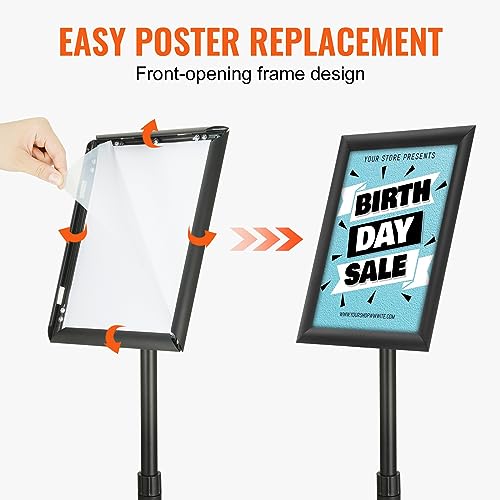 VEVOR Pedestal Sign Holder, 8.5 x 11 Inch Vertical and Horizontal Adjustable Poster Stand, Heavy-Duty Floor Standing Sign Holder with Round Base for Display, Advertisement, and Outdoor, Black - size: 8.5 x 11 Inch