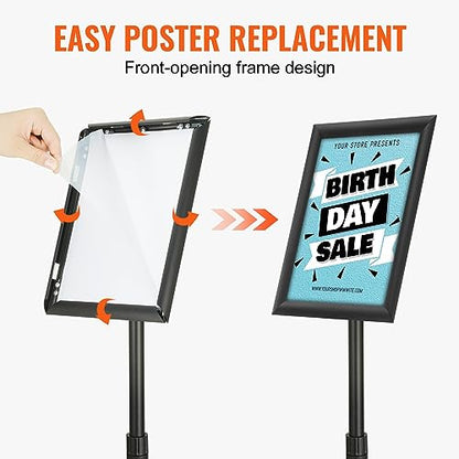 VEVOR Pedestal Sign Holder, 8.5 x 11 Inch Vertical and Horizontal Adjustable Poster Stand, Heavy-Duty Floor Standing Sign Holder with Round Base for Display, Advertisement, and Outdoor, Black - size: 8.5 x 11 Inch