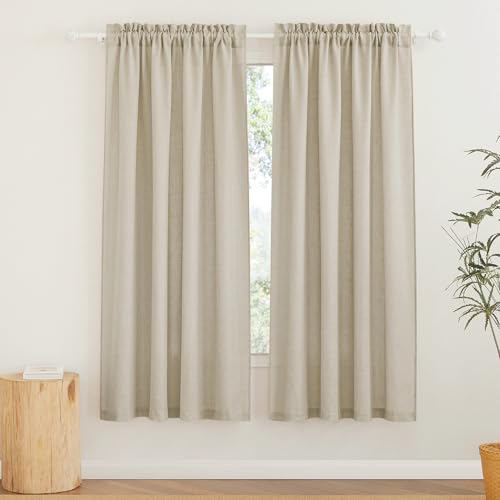 RYB HOME Semi Sheer Curtains - Linen Textured Sheer Privacy Curtains Light Filtering Semitransparent Rod Pocket Drapes for Bedroom Living Room Dining Window Decor, Beige, 52 x 72 inches, 2 Pcs - color: Beige, size: 52"W x 72"L (Pack of 2)