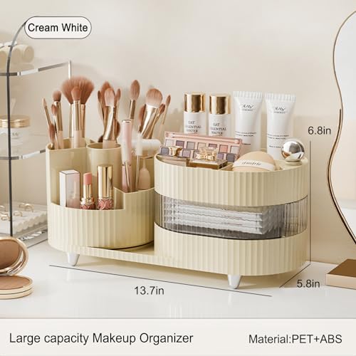 Ivory Rotating Vanity Organizer with Drawer & Brush Holder - 3 Layer Cosmetic Skincare & Perfume Storage - Countertop Makeup Display Case - color: ‎3 Layer Rotating Makeup Organizer-White