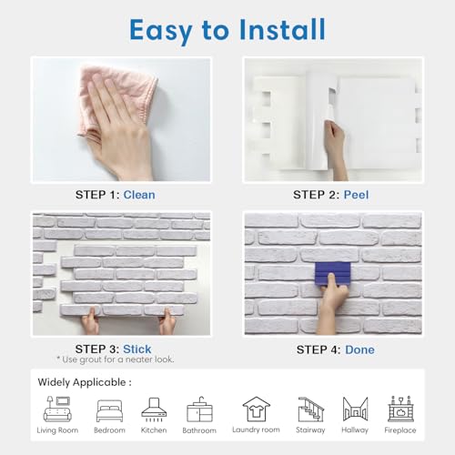 COMSTICKC 3D White Faux Brick Wall Panel Peel and Stick Wall Covering, 12 Pcs of 22.8" x 11.8", 3D Brick Wall Stickers, UrltraLight PVC Adhesive Brick Decorative Tiles, 22.48 sq.ft - color: Retro-White