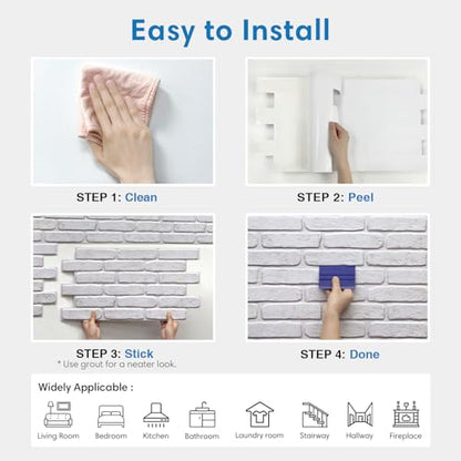 COMSTICKC 3D White Faux Brick Wall Panel Peel and Stick Wall Covering, 12 Pcs of 22.8" x 11.8", 3D Brick Wall Stickers, UrltraLight PVC Adhesive Brick Decorative Tiles, 22.48 sq.ft - color: Retro-White