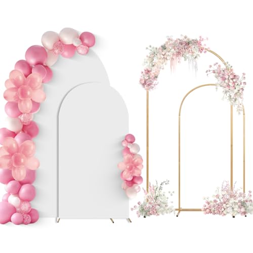 SuuWoee Arch Backdrop Stand Set of 2 With Cover (6FT+5FT),Gold Metal Wedding Arch Balloon Stand With Cover for Birthday Party Baby Shower Graduation Ceremony Decoration - color: White, size: 6Ft+5Ft（White Cover）