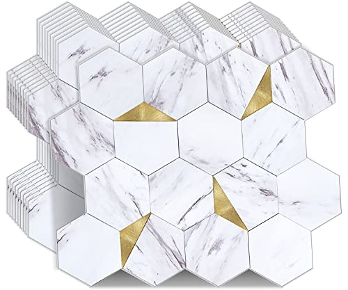 Peel and Stick Backsplash for Kitchen,New Upgrade Premium Hexagon Peel and Stick Backsplash, Seamless Backsplash Tile for Bathroom,（10-Sheet Carrara White Marble and Metal Gold） - color: Carrara White