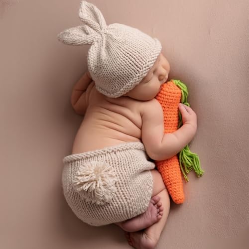 ForBaysy Newborn Photography Props Boy Girl Crochet Bunny Costume Set Baby Photo Shoot Outfits with Rabbit Ear Hat - color: Newborn Bunny Carrot Suit