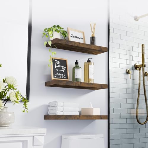 BAYKA Bathroom Floating Shelves for Wall Set of 3 - Rustic Brown Farmhouse Wood Shelves Over Toilet for Bedroom, Kitchen, or Living Room Decor Display, Storage for Plants, Toilet Paper or Bath Towels - color: B. Rustic Brown - Americana Farmhouse Style, s