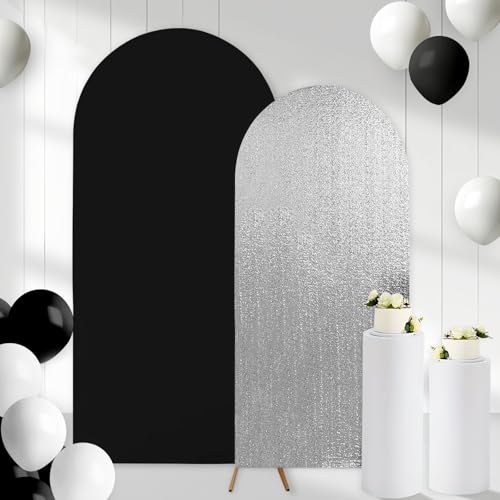 2PCS Black & Silver Arch Backdrop Covers for Arch Stand (7.2ft + 6ft) – Spandex Fitted Stand Covers for Weddings Baby Showers Birthday Party Supplies Decor & Photo Booths(Only Cover) - color: Black & Silver, size: 7.2FT/6FT