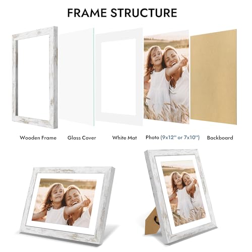 Hongkee 9x12 Picture Frame with Glass, Display Pictures 7x10 with Mat or 9 x 12 without Mat - Wall and Tabletop, 9 by 12 Photo Wooden Frames (Distressed White, 1 Pack) - color: Distressed White, size: 9X12 in