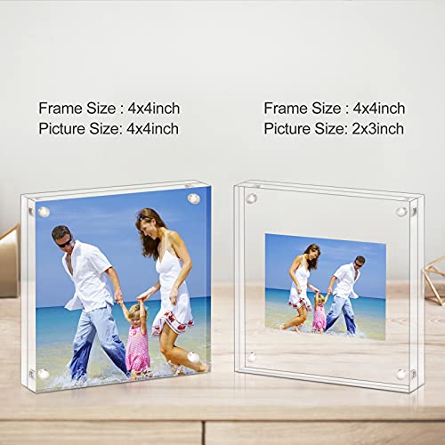AMEITECH 4x4 Inch Acrylic Picture Frame, Clear Double Sided Block Acrylic Photo Frames, Desktop Frameless Magnetic Photo Frames - size: 4 x 4 inch
