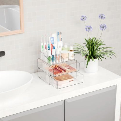 Yieach Clear Acrylic Makeup Organizers Countertop for Dresser,Desk,Bathroom Vanity,3 Tier Stackable Make up Holders and Makeup Cabinet,Tiered Cosmetic Storage and Make up Containers for Palette,Brush - size: 2 Drawers