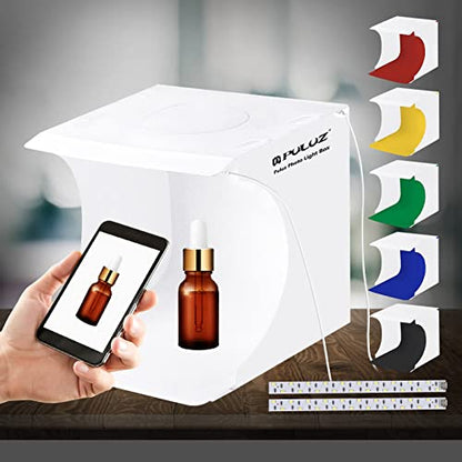 Photo Studio Box with LED Light, PULUZ 20cm Mini Portable Photography Lighting Tent Kit, White Foldable Shooting Softbox with 2x20 Lights + 6 Backdrops for Product Display - size: 9*9 Inch - C