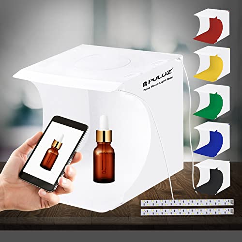 Photo Studio Box with LED Light, PULUZ 20cm Mini Portable Photography Lighting Tent Kit, White Foldable Shooting Softbox with 2x20 Lights + 6 Backdrops for Product Display - size: 9*9 Inch - C