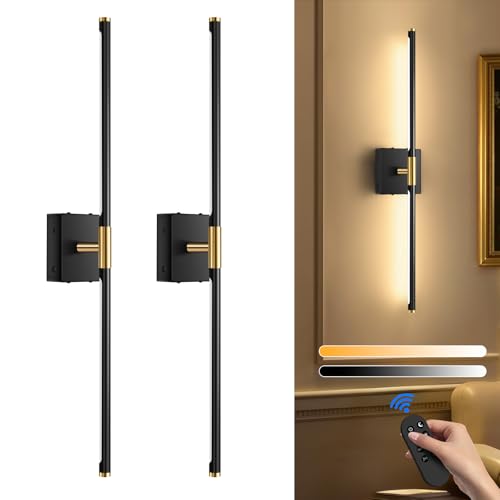 SAIMAND Wall Sconces Set of Two Battery Operated, Wireless USB Rechargeable Wall Lights with Remote, 8000mAh Dimmable LED 3 Color Dimmable Living Room for Bedroom,Hallway,Picture Lamp (30in Black) - color: Black+gold