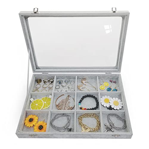 Removable 12 Grids Bracelet Organizer Box Ice Velvet Clear Lid Bangle Jewelry Tray Display Case Grey - color: 12 Grids