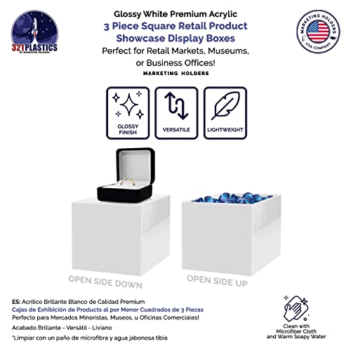 2 Pack Acrylic Display Riser Boxes 3 Piece White Retail Product Riser No Lid with Hollow Bottom 4", 5", 6" High Nesting Bins One Open Side Merchandise Storage Box by Marketing Holders - size: Set of 3 White