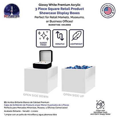 2 Pack Acrylic Display Riser Boxes 3 Piece White Retail Product Riser No Lid with Hollow Bottom 4", 5", 6" High Nesting Bins One Open Side Merchandise Storage Box by Marketing Holders - size: Set of 3 White